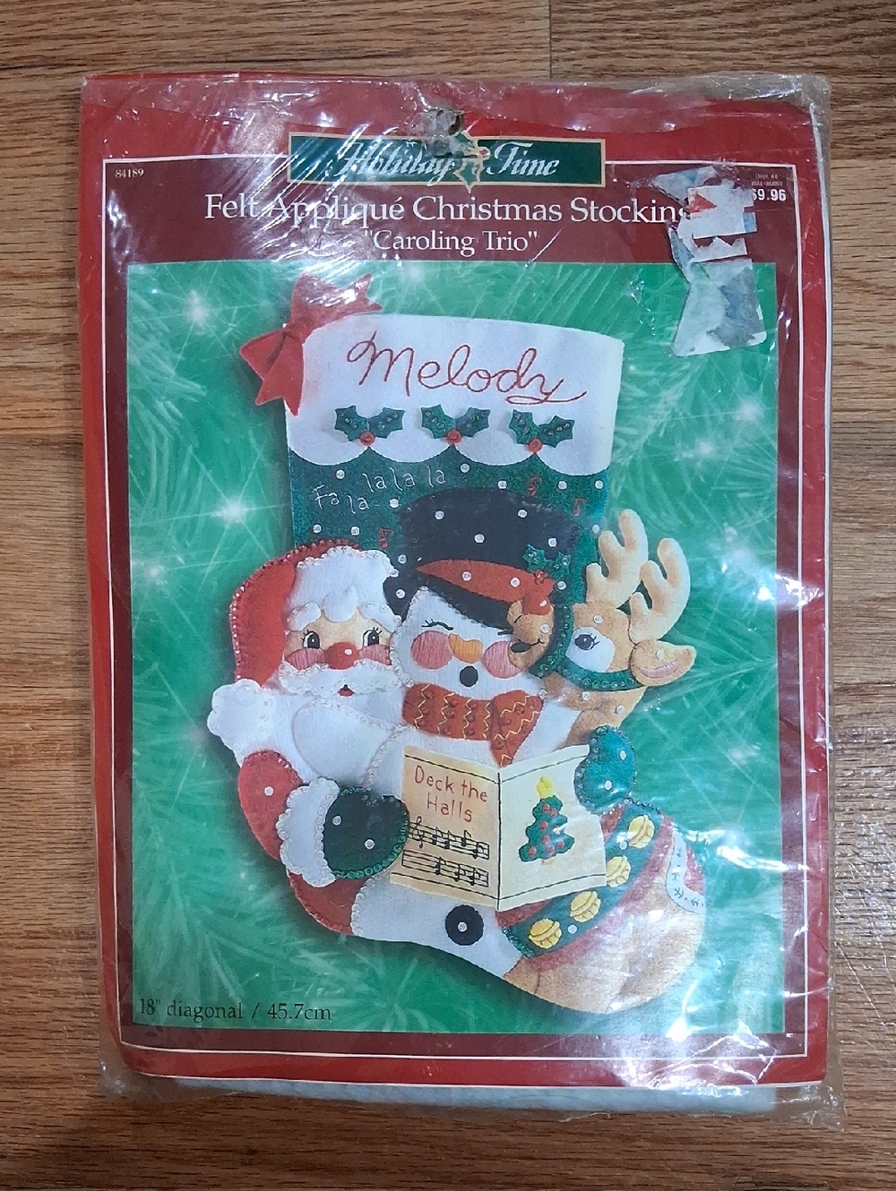Holiday Time Green Christmas Stocking with Santa, Snowman & Reindeer Appliqué